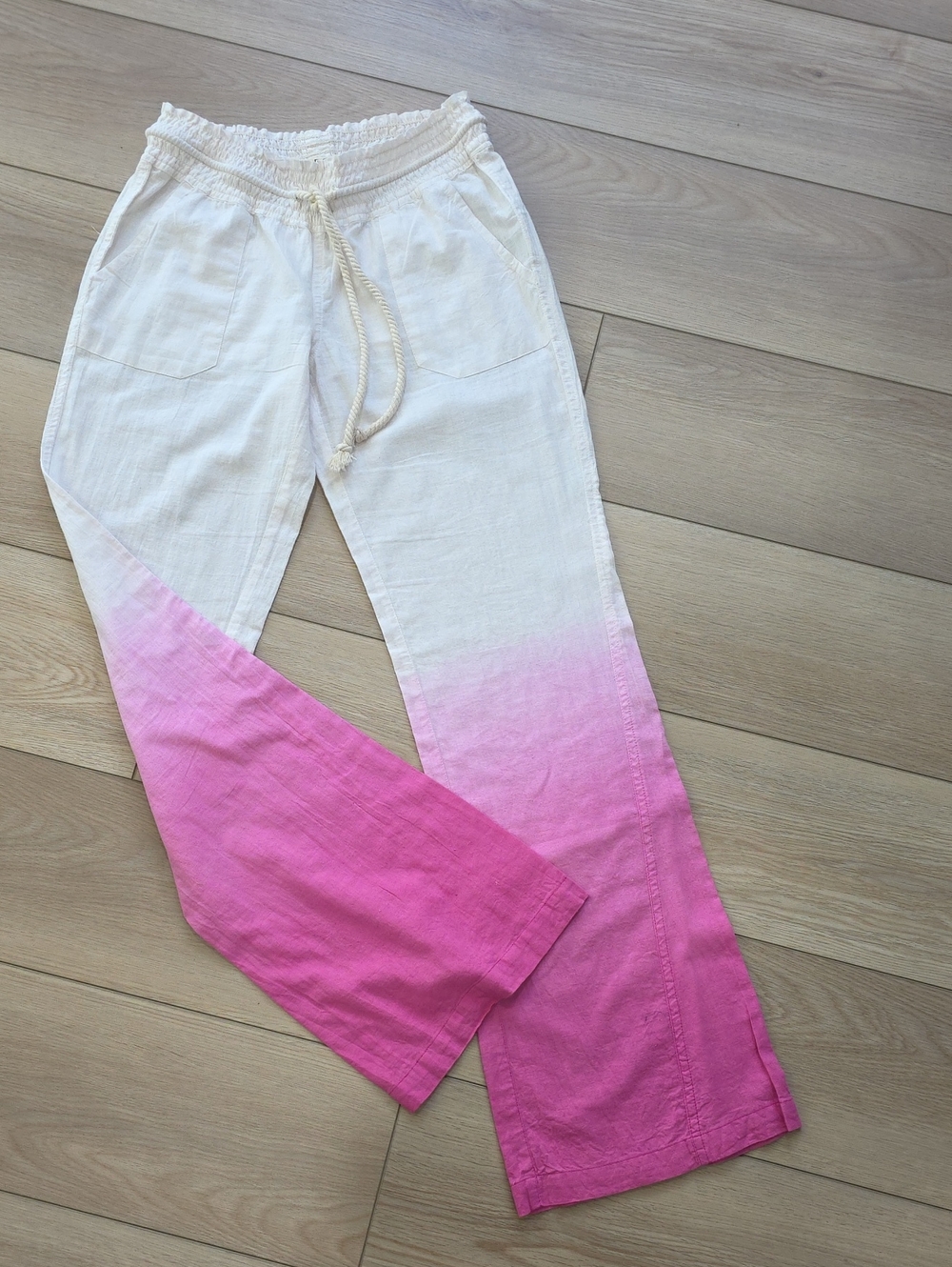 White to Pink Ombre Drawstring Cotton Summer Pants